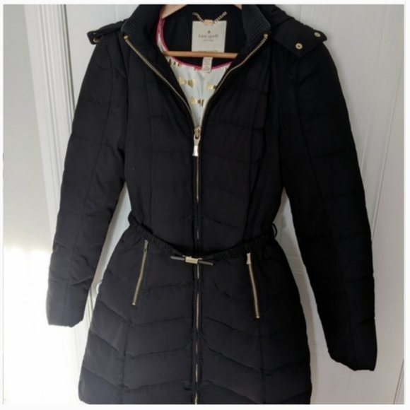 kate spade black Belted Faux Fur Trim Down Coat size xs nwot - Picture 5 of 11